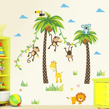  Жираф на Лъв, Маймуна, Палма Гората Животни стикери за стена за детска стая-Детска Спалня Стикери За Стена Декор за Детска Плакат Рисувани Стенни