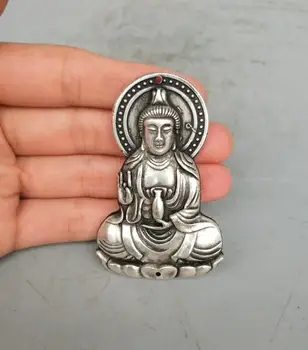  Колекция Тибетское сребро ръчна дърворезба Гуаньинь Буда амулет висулка #6