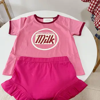  Ins Лятна корейската версия на детски дрехи, памучен тениска с къси ръкави за момичета, костюм с розови букви за малките момичета