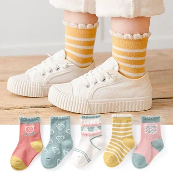  5 чифта детски Памучни чорапи, Розови Чорапи за малки момичета, Сладки Дишащи Топли Чорапи с герои от анимационни филми за тийнейджъри 0-11 години, Есенна Мода