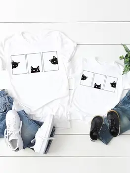  Забавна Тениска с изображение на Лице Котка, Сладка Тениска с графичен дизайн, Дамски Детски Дрехи За Момчета и Момичета, Летни Дрехи за Мама и Мама, Еднакви Комплекти За семейството