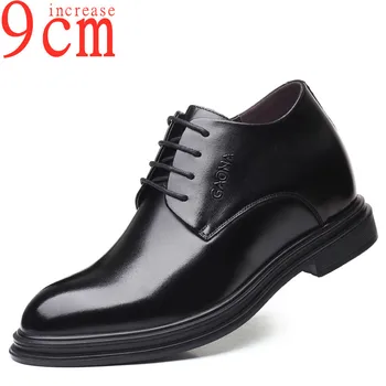  Мъжки обувки с асансьор, които покачване, 9 см, които на ръст, с остри пръсти, мъжки Черна ежедневни вътрешна обувки, които растежа, 8 см, сватбени обувки