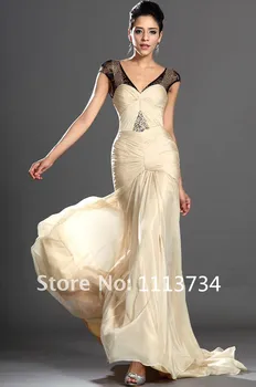  vestido de renda вечерни рокли 2014 нова мода гореща секси v-образно деколте дамски шапка ръкав Официално дълга елегантна вечерна рокля безплатна доставка