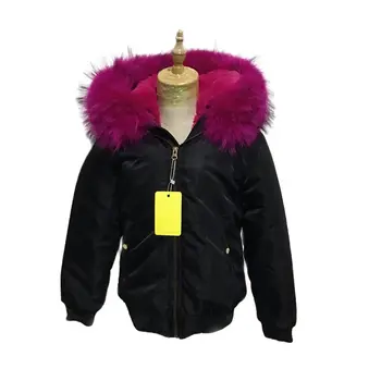  Модерен черно яке-бомбер с розово-розови яка от миеща мечка, мини-яке за момичета, зимни връхни дрехи на лигавицата на дебелото палто