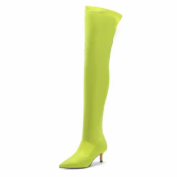  Ластични зелени ботуши от ликра, дамски ботуши над коляното на среден ток 5,5 см, Нови Слипоны, Пролетно-есенни ботуши до бедрата, обувки размер Плюс 47