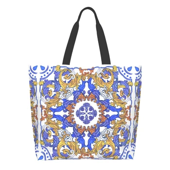 Европейският Ретро Стил, Много Голяма Продуктова Чанта, Синя и Бяла Множество Чанта за Пазаруване, Чанта За Съхранение