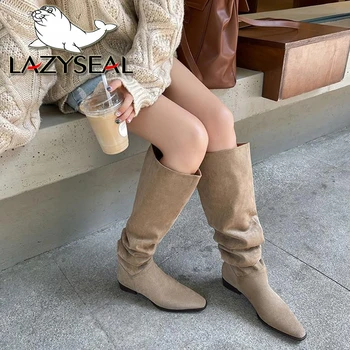  LazySeal/Велурени дамски ботуши до коляното От овча кожа с Високо качество, модерни есенни обувки, плиссированный Дизайн, велур Дълги Удобни квадратни обувки