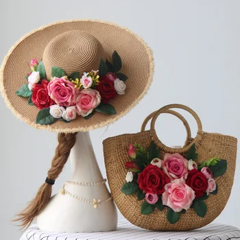  Оригинална сламена чанта ръчна изработка розова шапка пътуване и почивка моделиране Цвете чанта, дамска чанта, Определени