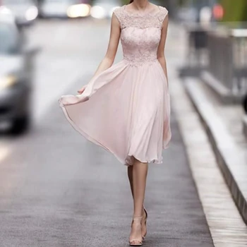  2022 Розови Шифоновые рокли За майката на Булката Трапецовидна Форма, Евтина Сватбена рокля За гости, Къса пола