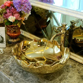  Художествена Ръчна изработка във формата на цвете, Керамична мивка С плот керамичен умивалник художествени мивки за баня, златни