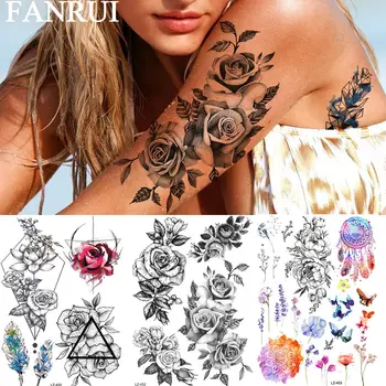  FANRUI Sktech Розата е Цветето на Временни Татуировки За Жени Лавандула Сладък Грах Татуировки, Боди Арт Ръка Врата Триъгълник Флаш Татуировка Стикер