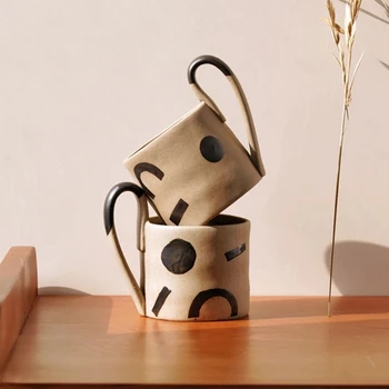  Японски Творчески Геометрични Чаши За Кафе С Голяма Дръжка, Персонални Керамични Чаени Чаши, Реколта Домашен Офис Посуда За Напитки, Уникална Чаша За Подарък