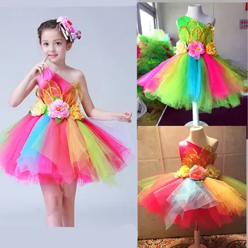  Цветно стандартна рокля за салса танци с цветя за момичета, Секси модерен танцов костюм за момичета, танцови, детски конкурс