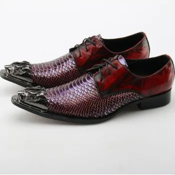  Мъжки обувки-oxfords от естествена кожа, официална обувки от змийска кожа, модел обувки с остър пръсти от желязо, мокасини с шипове, обувки дантела.