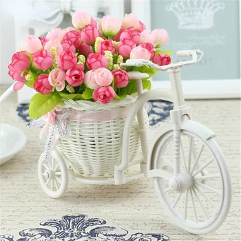  Велосипедна Ваза от Ратан с Копринени цветя, Цветни Мини Букет от Рози, Изкуствена Лайка, Флорес За Домашно Сватбена Украса