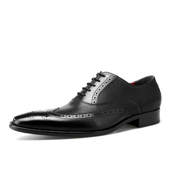  Мъжки вечерни модела обувки от естествена кожа, Oxfords дантела, модел броги, сватбени бизнес обувки на Платформа