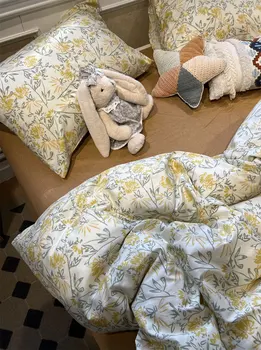  Модерен романтичен пасторальный цветен жълт комплект спално бельо, близнак пълен кралицата на сладък памук, домашен текстил чаршаф калъфка за възглавница одеяло калъф