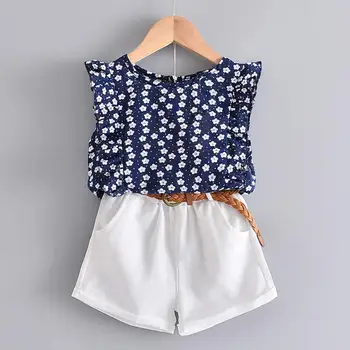  2021 Нови Летни Ежедневни Бебешки комплекти, Синя тениска с цветя + Панталони, Комплекти, дрехи за момичета, Детски летен костюм на 3-7 години