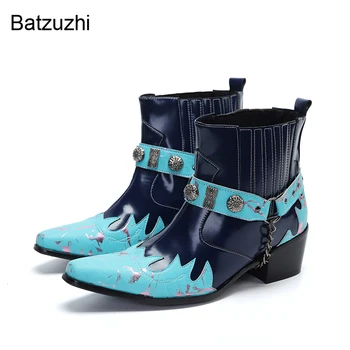  Batzuzhi/мъжки каубойски ботуши в западен стил; модни черни, сини мъжки Ботильоны от естествена кожа с веригата; мотоциклетни ботуши Riverts!