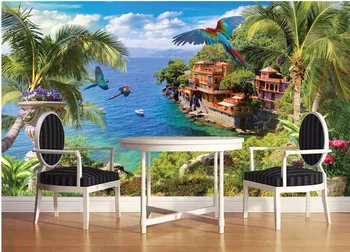 Потребителски снимки на дизайн 3d стенописи тапети Blue coast кокосови цветя и птици декор фотообои за хол