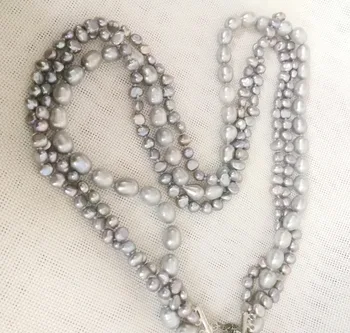  Дамски Бижута 3 направления колие 6 мм и 10 мм перлено сиво барокови перли с овална форма, ръчно изработени Истински култивирани сладководни перли подарък