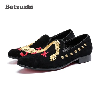  Batzuzhi/ дизайнерски обувки; мъжки обувки на равна подметка; черен велур и кожени лоферы; модни обувки без закопчалка за партита; големи размери US12