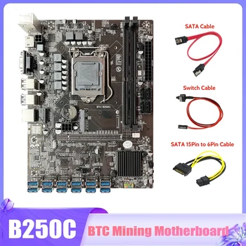  B250C дънна Платка за майнинга БТК + кабел SATA + Кабел ключ + кабел SATA от 15Pin до 6Pin 12X PCIE до USB3.0 дънна Платка с графичен процесор