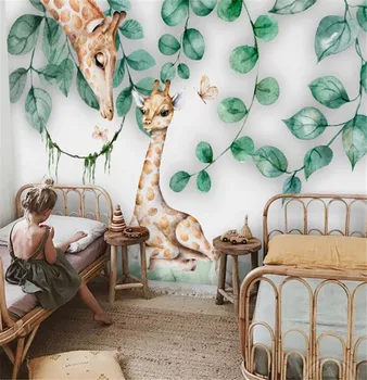  Бакал потребителски 3D тапети стенопис скандинавски минималистичен листа карикатура на сладък животни жираф детски дом фон на стената начало декор