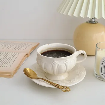  Множество керамична чаша с дърворезба в скандинавски стил, класическа чаша за закуска с декоративна дръжка, сватбен чай