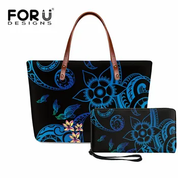  FORUDESIGNS / Дамска чанта и портфейл в Полинезийски стил, Сини Чанти за рамо за Жени, Дамски Чанта за Партита, Комплект с Чантата Bolso