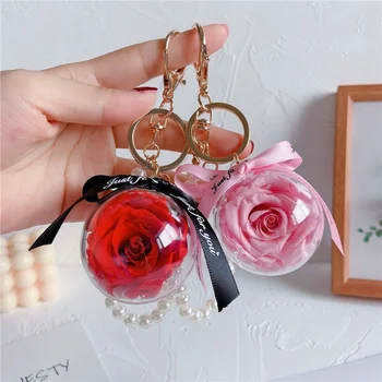  сладък ключодържатели запазен цвете, висулка роза, ключодържател пластмасова топка перлена верижка за чанти кола ключодържател за подарък на едно момиче