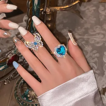  Електрически син циркон любовно пръстен луксозно диамантен пръстен дамски модни индивидуалност нишевый дизайн багаж преувеличен показалец