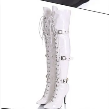  Ephesus Feminina/бели, черни Ботфорты над коляното на висок ток с остър пръсти и изкривени, дантела, с дълга Промежностью, Botines, Мотоциклетът обувки, Дамски