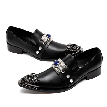  Batzuzhi/ Официалната мъжки обувки, черни модела обувки от естествена кожа с остър метално бомбе, мъжки бизнес, вечерни и сватбени обувки!