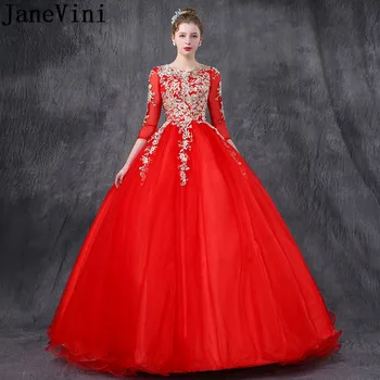  JaneVini vestido rojo 2020 Буйни Рокля Топка Рокля Вечерна Рокля за Абитуриентски бал с Ръкав, Дълги Дантелени Апликации Перли Хубава Рокля 16