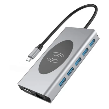  14 В 1 C USB Hub с Док-станция с безжично зарядно устройство Двойна 4K, HDMI-съвместим порт 1 порт VGA 5 портове USB 3.0