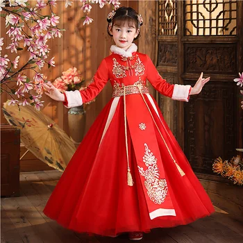  Традиционната китайска Облекло Hanfu За Момичета Зимата на Супер Страхотна Рокля с Бродерия в Китайски Стил Детски Дрехи Ежедневни Рокли