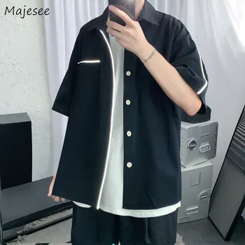 Мъжки Ризи Оверсайз Светлоотразителни С Къс Ръкав Летните Модни Свободни Красиви Однобортные Прости Harajuku Облекло Chemise Homme