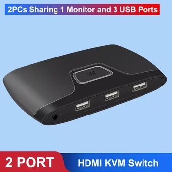  KVM Превключвател, 2 Порта HDMI 4K USB HDMI KVM Превключвател 2 В 1 Изход Кутия за 2 бр. Споделяне на Принтер, Клавиатура, Мишка, HDMI Превключвател за PC Монитор