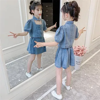  2021 Нови Летни Модни Дънкови комплекти за малки момичета, Топ + Поли на Едро