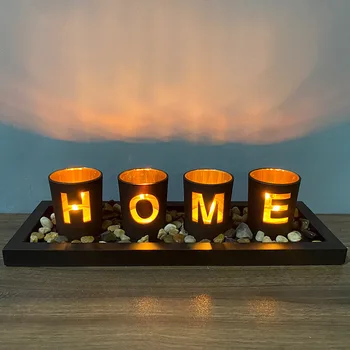  Комплект свещници, включва декоративен дървен поднос от земята камъни и стъклени чаши с надпис 