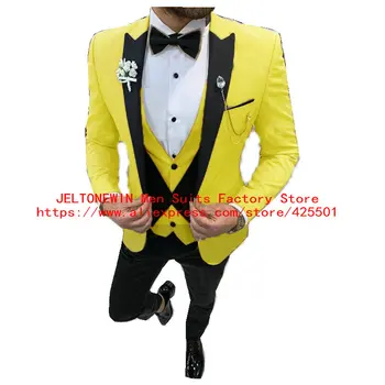  Официални бизнес Жълти Мъжки Костюми Slim Fit, комплект от 3 теми, Смокинги Terno Masculino За Младоженеца, Сватбена Вечерна Рокля за Бала, Яке + Жилетка + Панталони