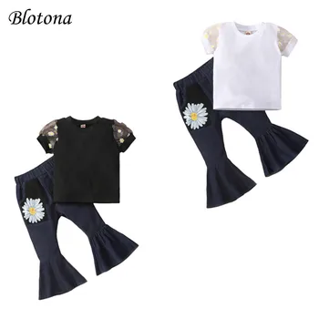  Blotona/ Детски дрехи от 2 теми за момичета, Прозрачна риза с къси ръкави и принтом Лайка, Върховете + разкроена дънки, комплект дънкови панталони, 18 ч-6 ГОДИНИ