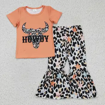  GSPO0305 момиче оранжева тениска с къс ръкав и принтом крави, леопардовые панталони с еластичен ластик на талията, комплект