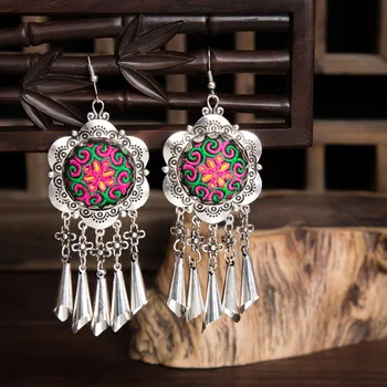  Луксозни богемные циганин ретро-етно обици-висулки с дълги пискюли, тибетски сребърни обеци с бродерия, женски сватбени аксесоари
