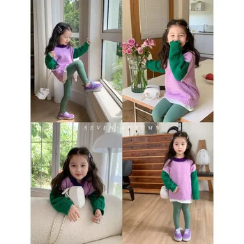  Пуловер с кръгло деколте в Контрастен цвят в корейски стил за момичета, Есента 2022, Нов Модерен Свободен Топ, Модерен
