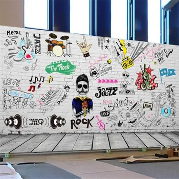  Изработен По Поръчка на Дървени подови Настилки Бяла Тухлена Стена с Графити на Рок Джаз Музикална Тема Тапети 3D Музикално Студио Бар Ресторант Стенни Тапети 3D