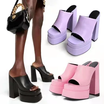  Дамски Сандали на висок ток от ярки цветове, сезон Пролет-Лято, сладък дамски сандали на платформа и Дебел ток, Обикновен дамски сандали с отворени пръсти