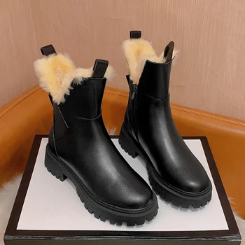  QZYERAI/Новост 2021 г.; Зимни дамски обувки от 100% вълна; Зимни обувки от естествена кожа; Модни Плюшени обувки; Топли ботуши на Челси на меху