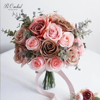  PEORCHID Реколта Роза Работа-Розови Сватбени Букети цветя на Булката да Държи В Ръка Букет на Булката Сватбена Украса
